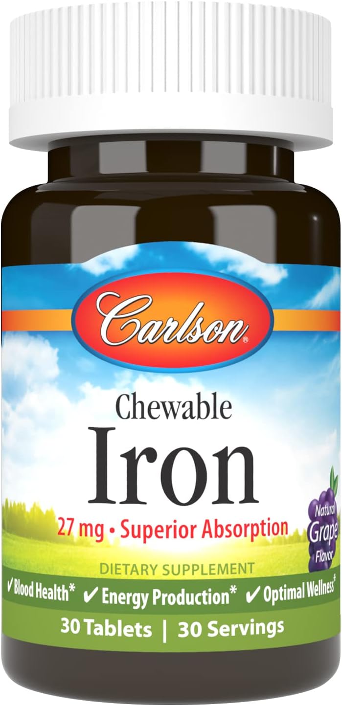 Grape Flavored Carlson Chewable Iron Tablets, 27 mg, Supports Blood Health - 30 Count