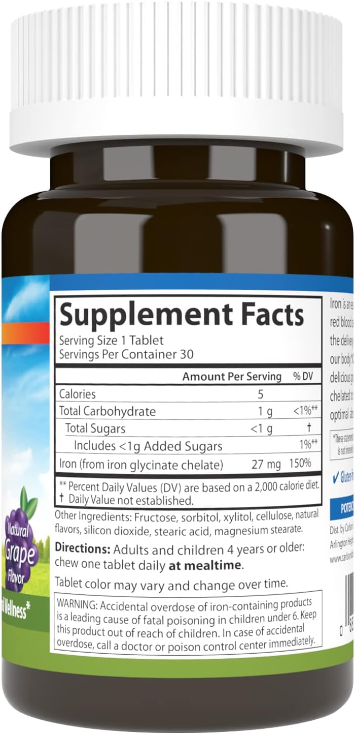 Grape Flavored Carlson Chewable Iron Tablets, 27 mg, Supports Blood Health - 30 Count