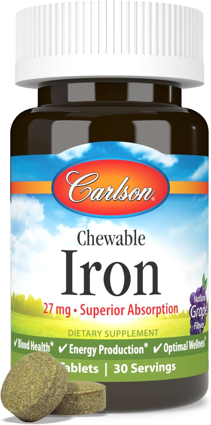 Grape Flavored Carlson Chewable Iron Tablets, 27 mg, Supports Blood Health - 30 Count