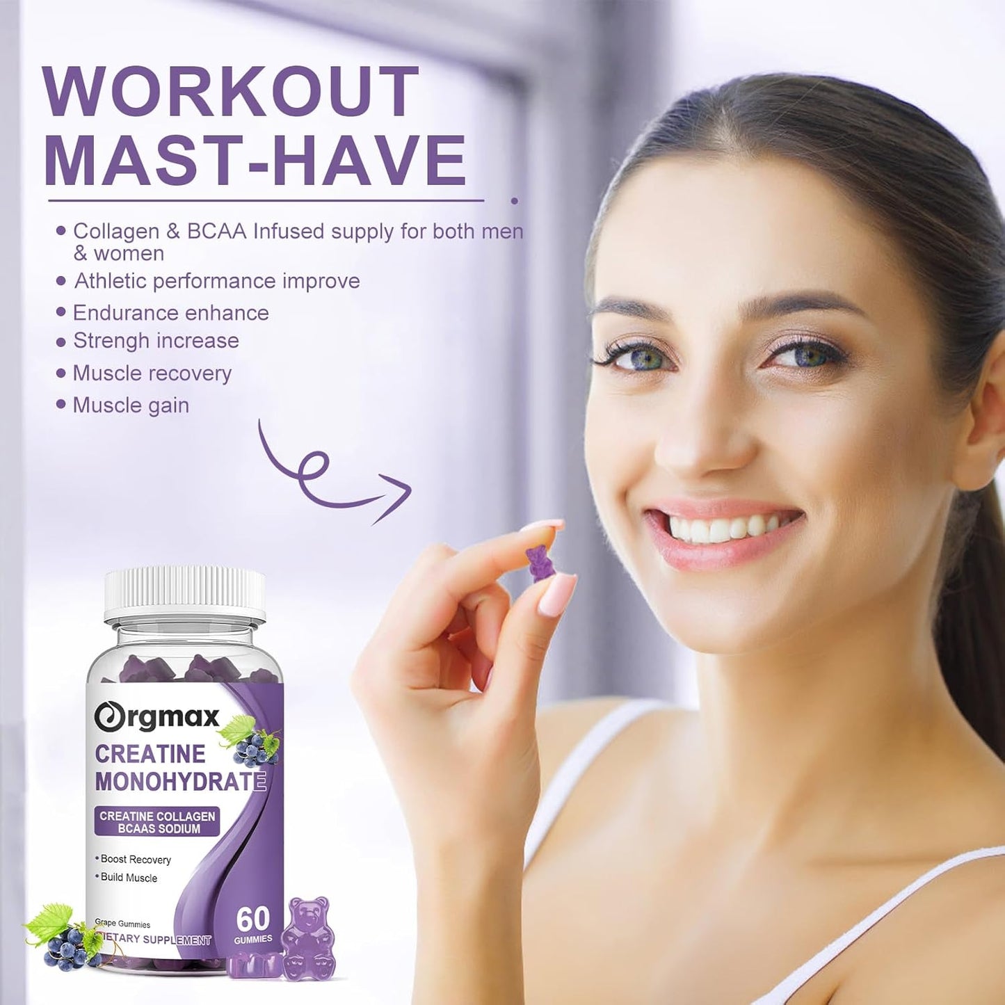 Grape Flavored Creatine Gummies with Collagen & BCAA for Muscle Strength - 2 Pack