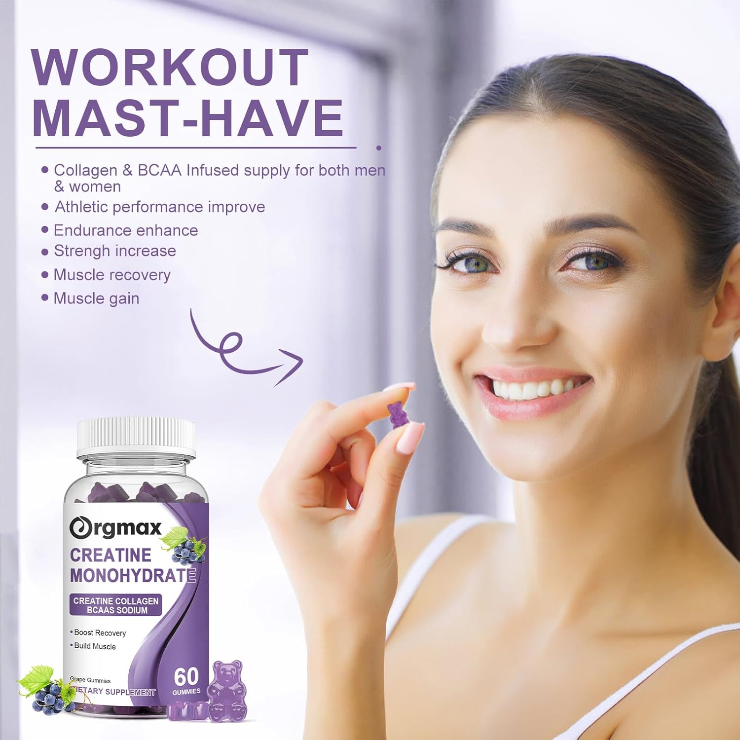 Grape Flavored Creatine Gummies with Collagen & BCAA for Muscle Strength - 2 Pack