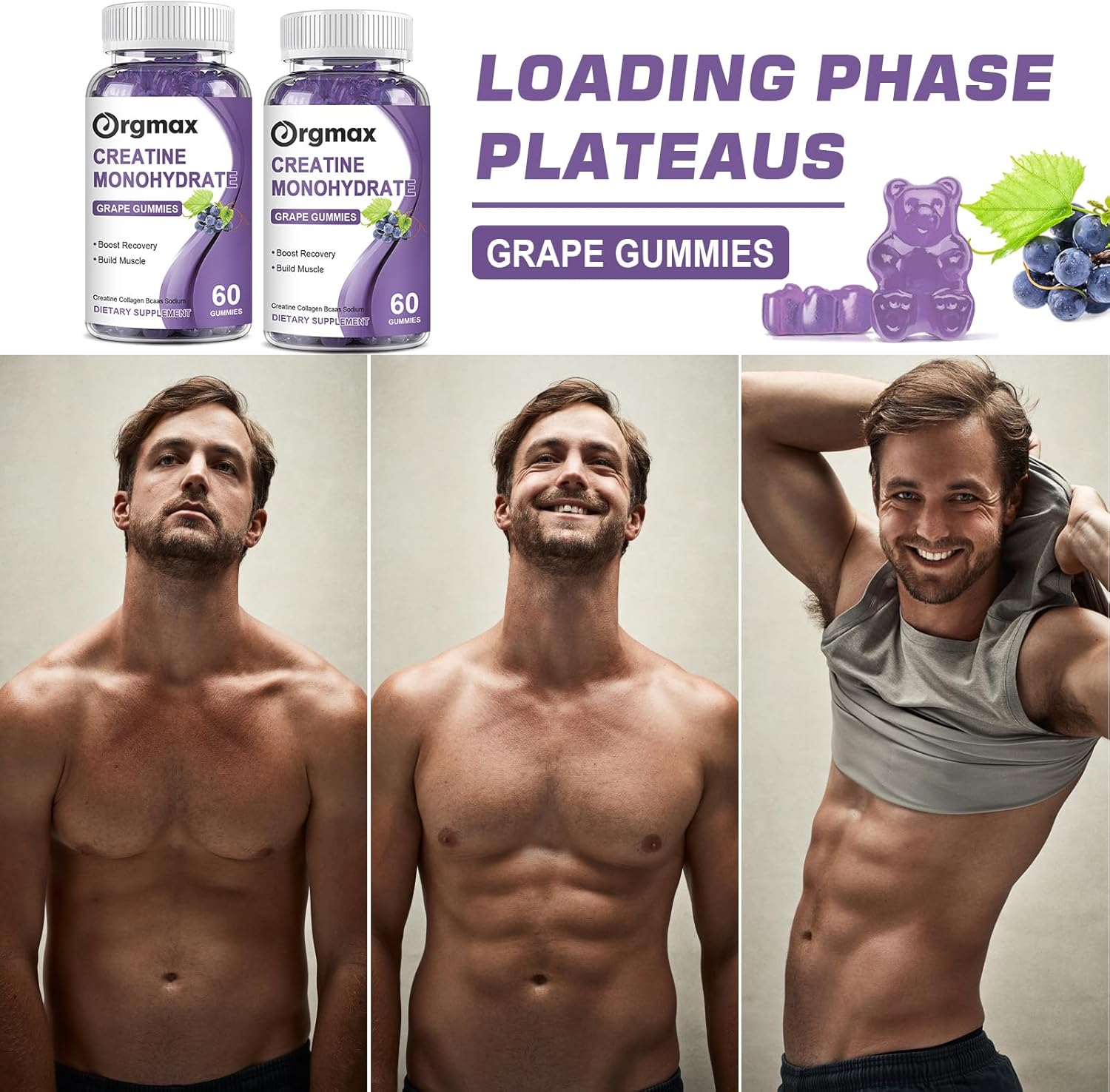 Grape Flavored Creatine Gummies with Collagen & BCAA for Muscle Strength - 2 Pack
