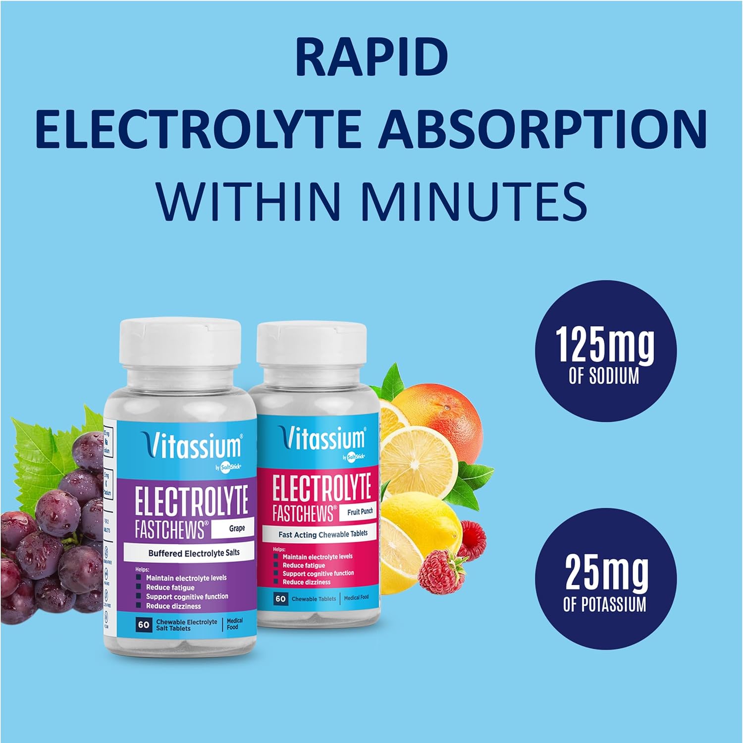 Grape Flavored Vitassium FastChews: 60 Chewable Electrolyte Tablets for POTS & High Sodium Diets