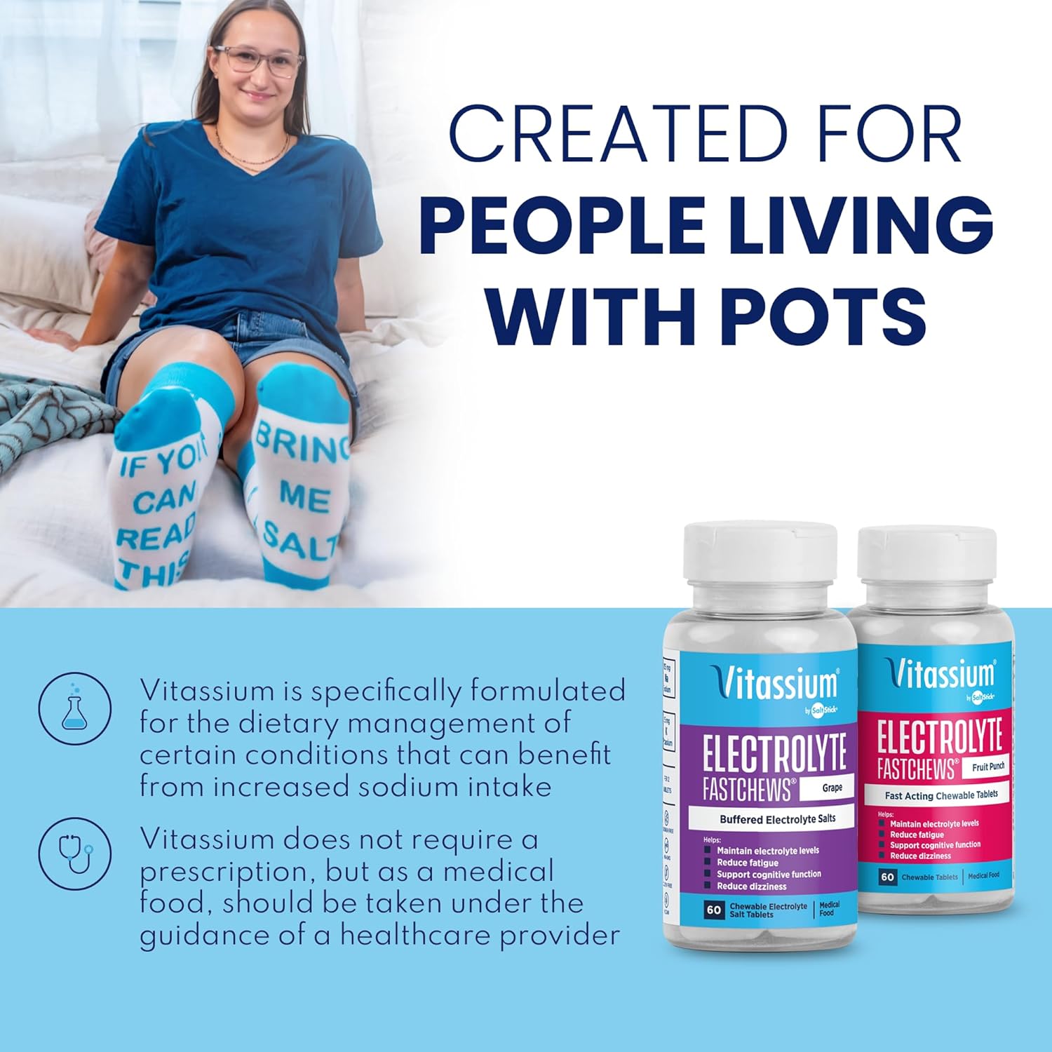 Grape Flavored Vitassium FastChews: 60 Chewable Electrolyte Tablets for POTS & High Sodium Diets