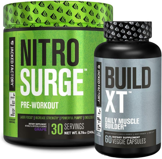 Grape Nitrosurge Pre-Workout & Build XT Muscle Builder Bundle for Men and Women by Jacked Factory