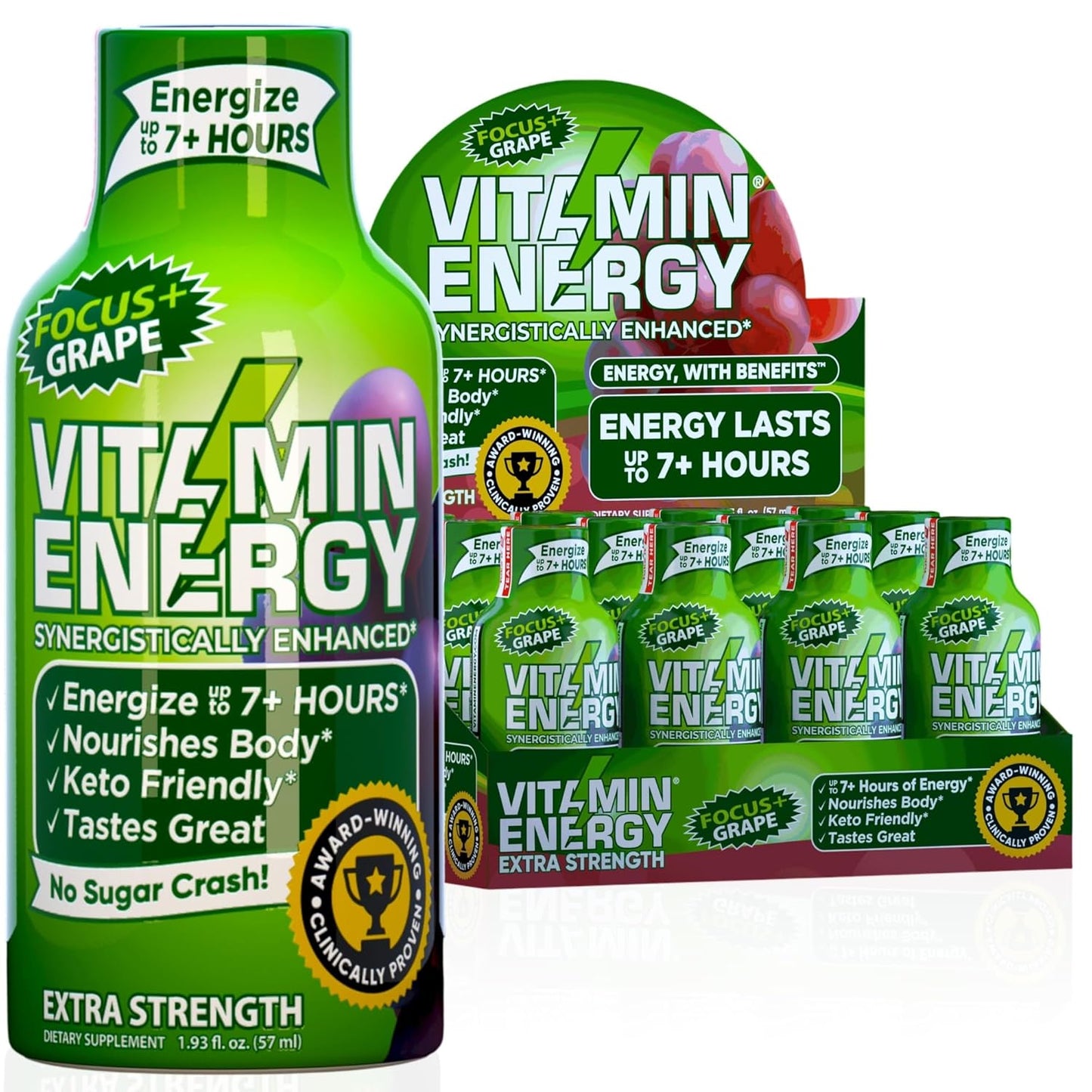 Grape Vitamin Energy Focus+ Shots - Natural Sugar-Free Supplement with Vitamins B6, B12, Niacin, L-Theanine, CoQ10 for 7+ Hrs of Energy & Focus - 12 Ct