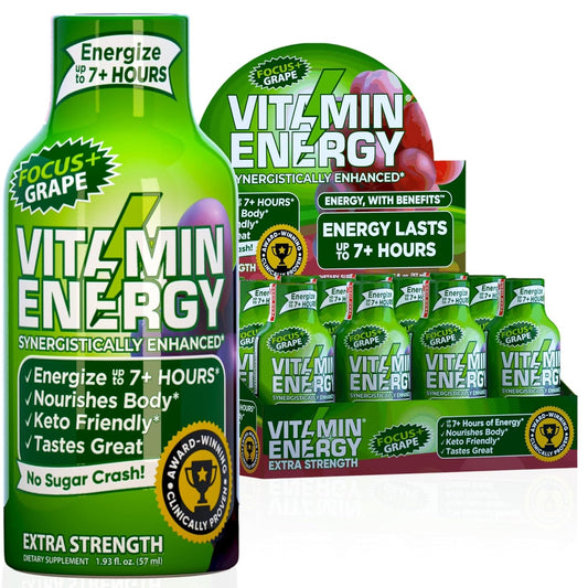 Grape Vitamin Energy Focus+ Shots - Natural Sugar-Free Supplement with Vitamins B6, B12, Niacin, L-Theanine, CoQ10 for 7+ Hrs of Energy & Focus - 12 Ct