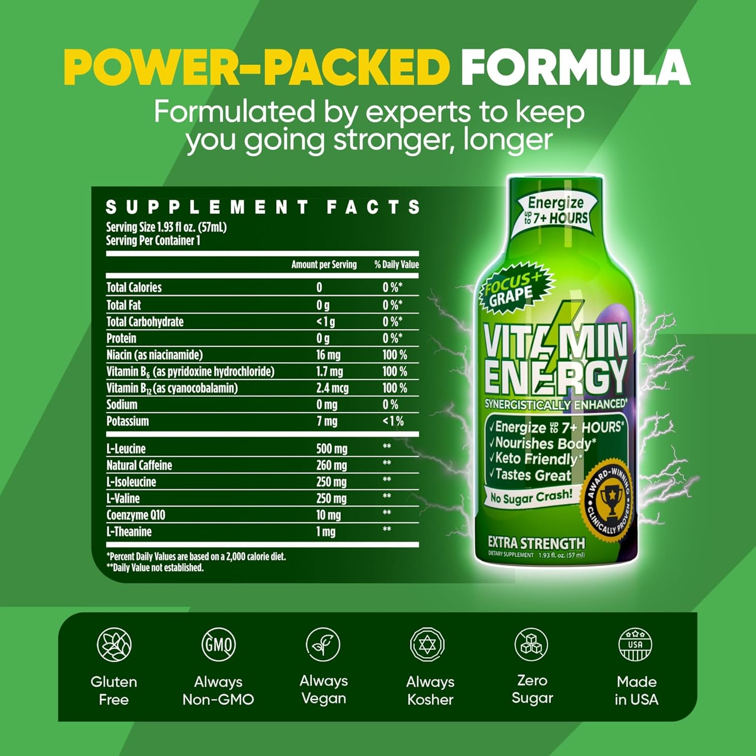 Grape Vitamin Energy Focus+ Shots - Natural Sugar-Free Supplement with Vitamins B6, B12, Niacin, L-Theanine, CoQ10 for 7+ Hrs of Energy & Focus - 12 Ct
