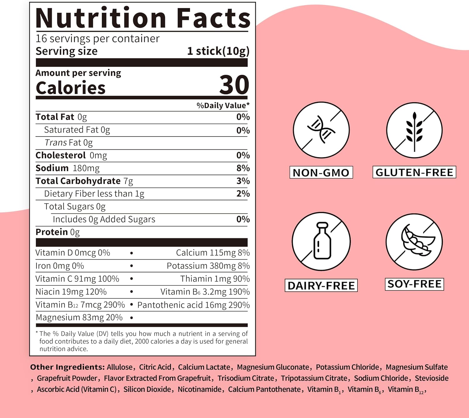 Grapefruit Electrolyte Drink Mix - Zero Sugar Hydration Powder Packets with 10 Electrolytes & Vitamins | Non-GMO, Gluten Free, Vegan - 32 Servings
