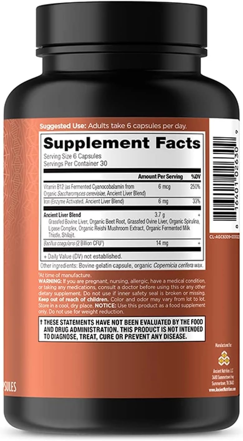 Grass-Fed and Wild Organ Complex Capsules by Ancient Nutrition - Beef & Lamb Liver Supplement for Healthy Blood, Gut, and Liver - 180 Ct