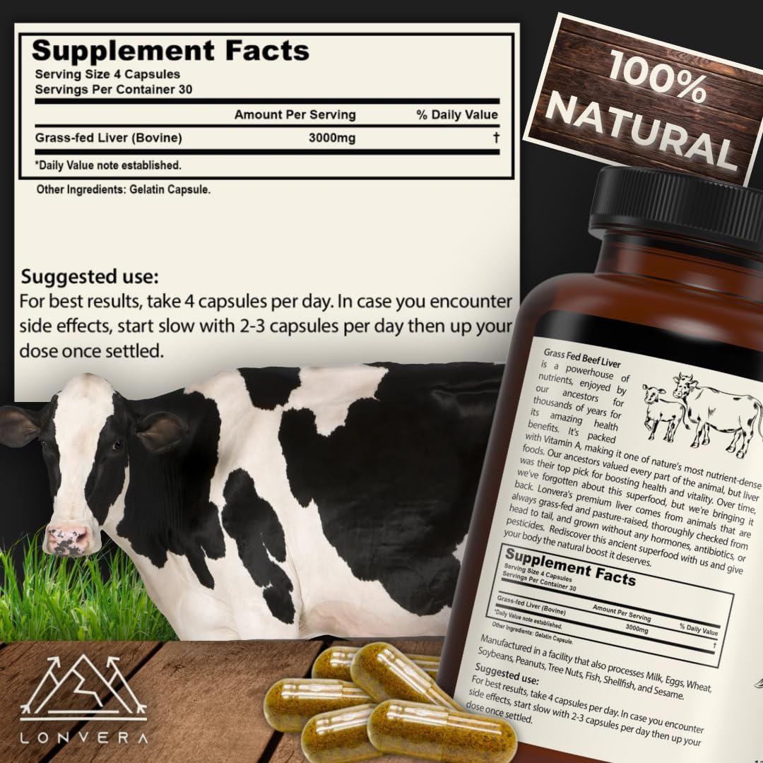 Grass Fed Beef Liver Capsules - 3000mg, 120 Count - Freeze Dried Liver Supplement with 30 Servings