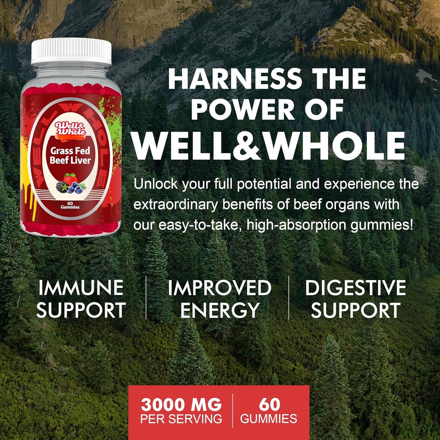 Grass Fed Beef Liver Gummies for Energy & Immunity - Non GMO, Gluten Free, 60 Count