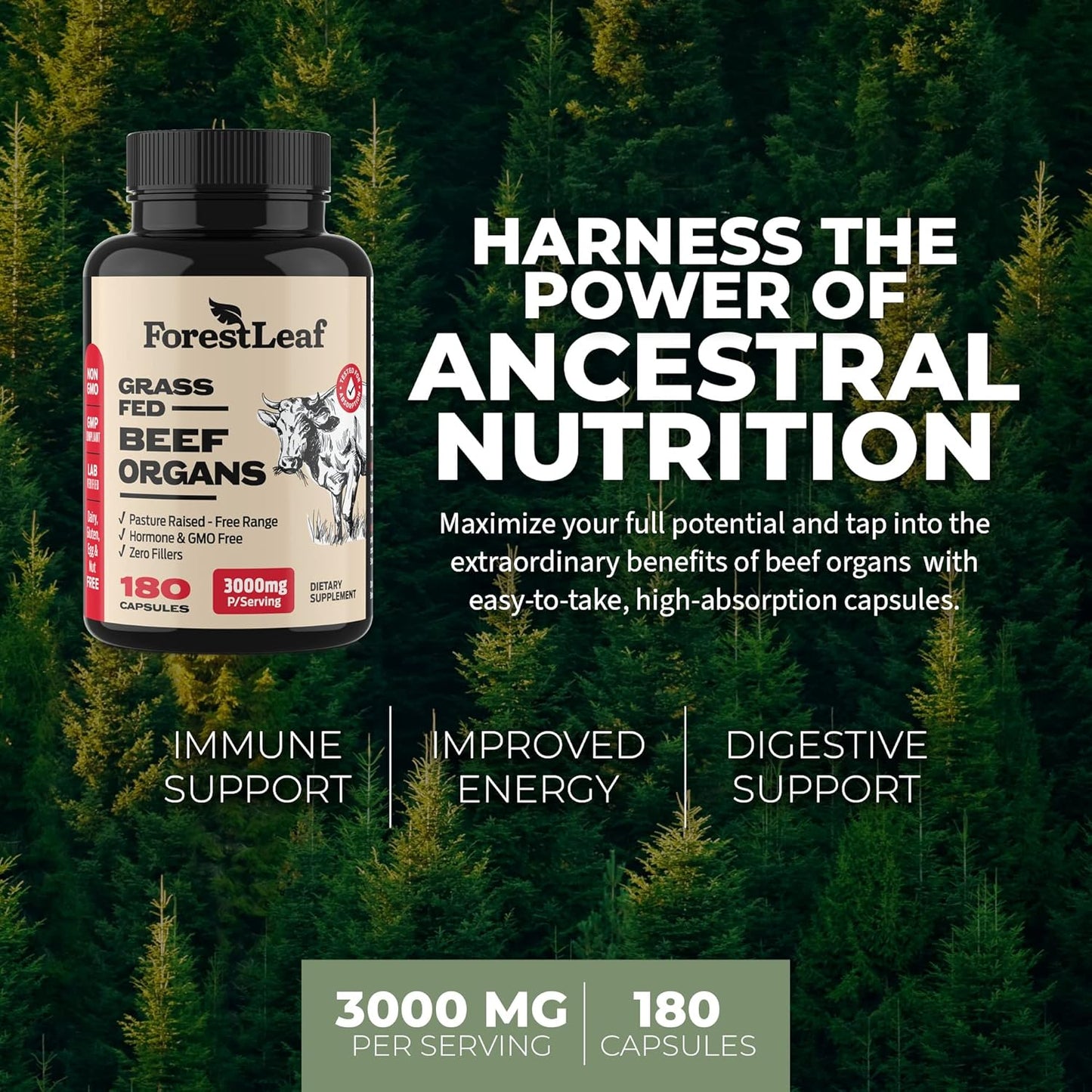 Grass-Fed Beef Organ Supplement for Total Body Wellness - 3000mg Organ Complex with Liver, Heart, Kidney, Pancreas, Spleen - 180 Capsules