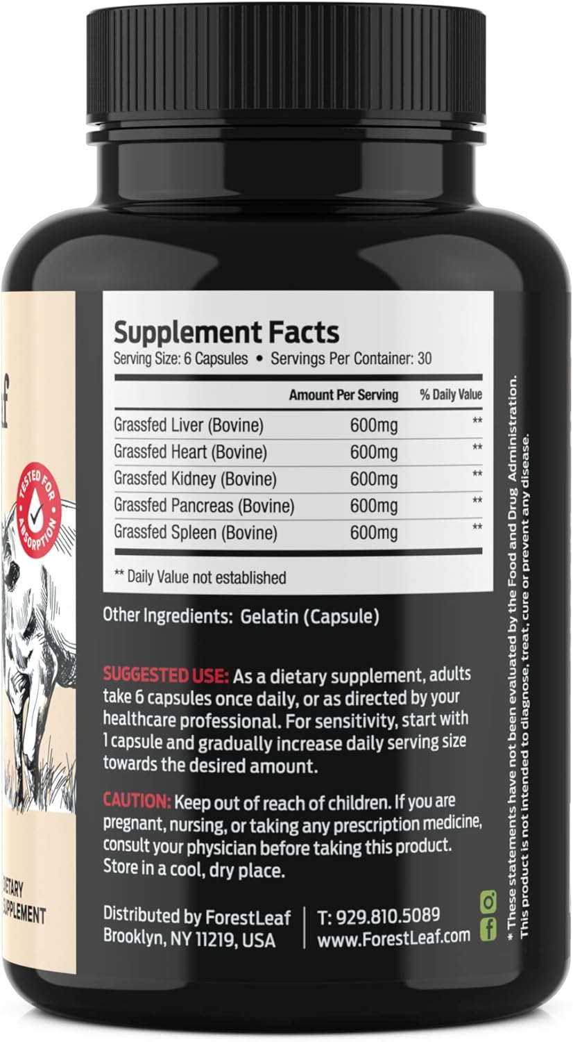 Grass-Fed Beef Organ Supplement for Total Body Wellness - 3000mg Organ Complex with Liver, Heart, Kidney, Pancreas, Spleen - 180 Capsules