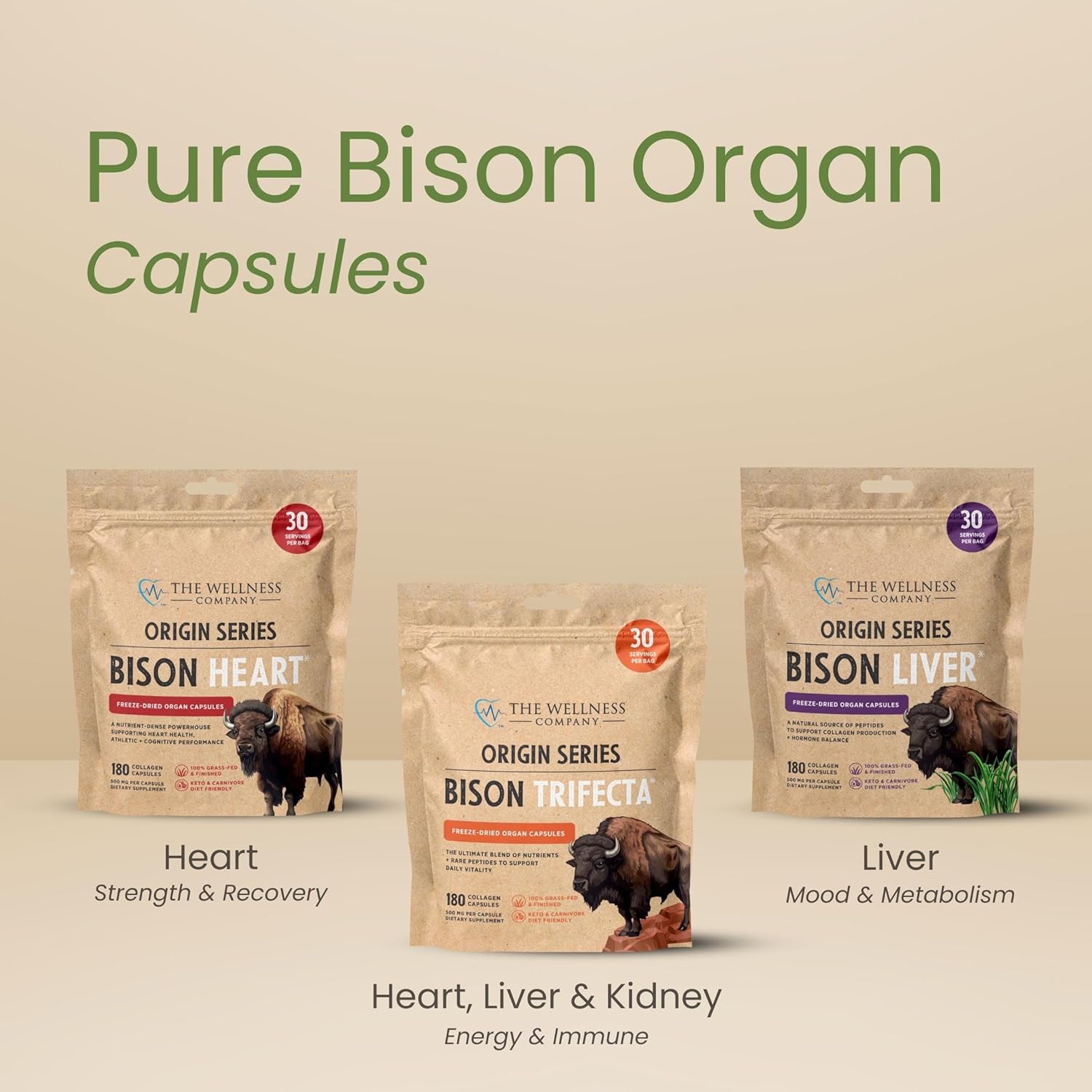 Grass-Fed Bison Heart Collagen Capsules | 1 Month Supply | Supports Strength, Recovery & Vitality | Non-GMO & Gluten-Free