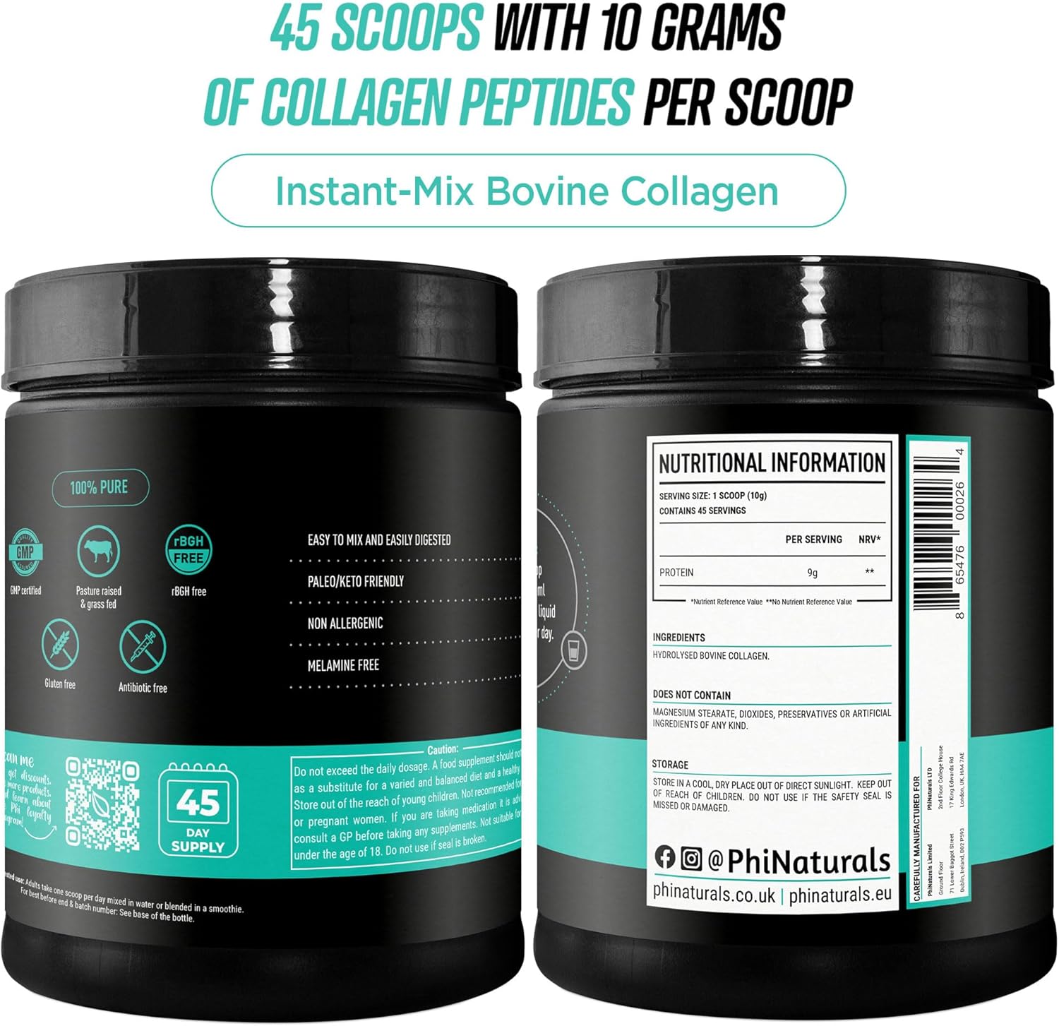 Grass Fed Bovine Hydrolyzed Collagen Peptides Powder - Unflavored Supplement for Men and Women by PhiNaturals