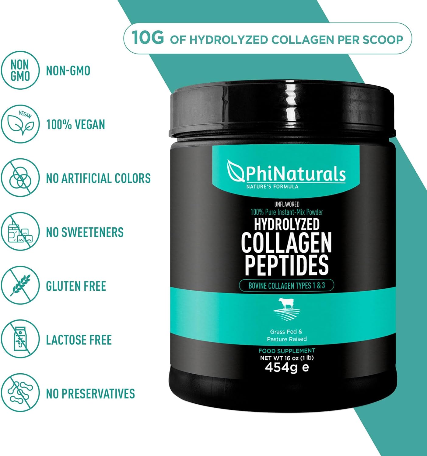 Grass Fed Bovine Hydrolyzed Collagen Peptides Powder - Unflavored Supplement for Men and Women by PhiNaturals