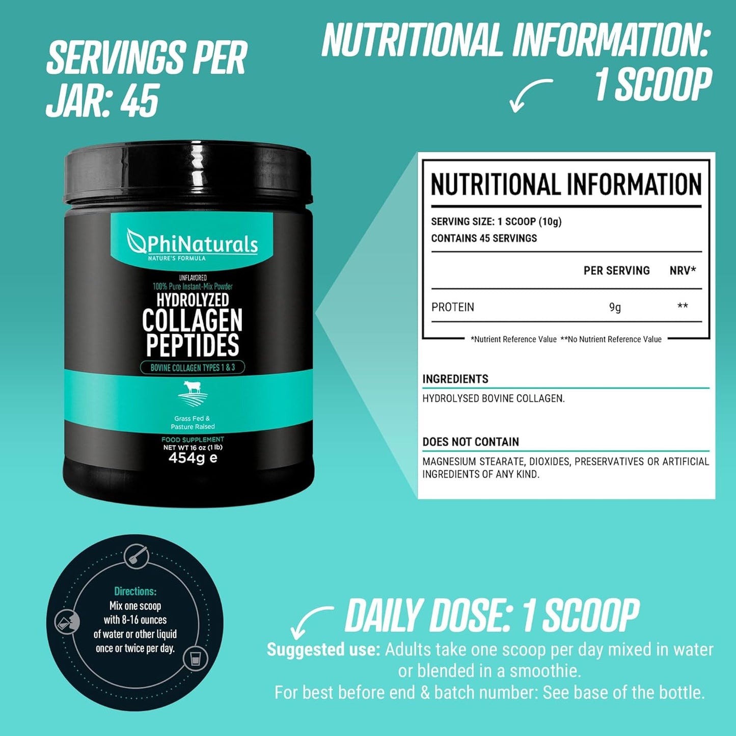 Grass Fed Bovine Hydrolyzed Collagen Peptides Powder - Unflavored Supplement for Men and Women by PhiNaturals