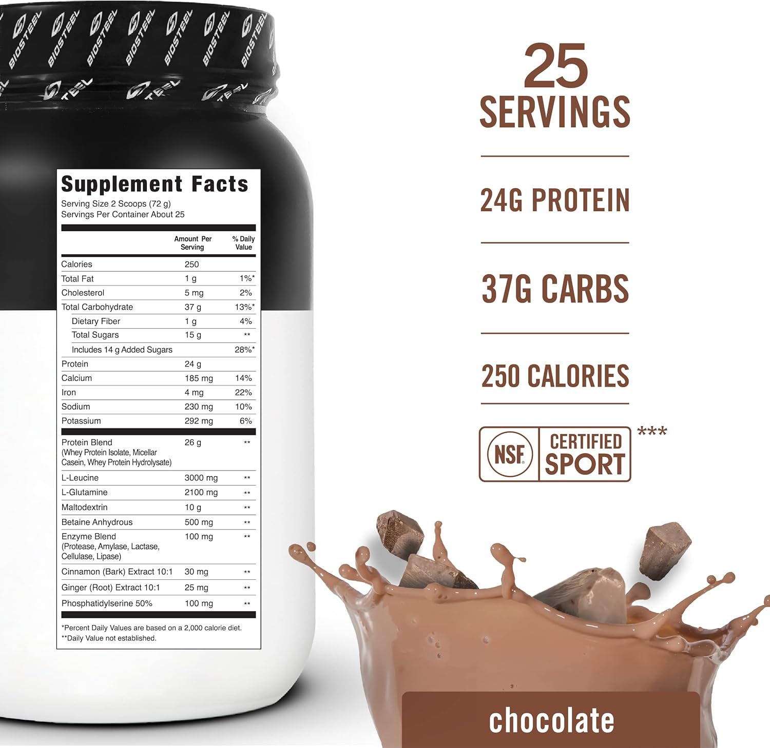 Grass-Fed Chocolate BIOSTEEL Recovery Protein Plus Powder Supplement - Non-GMO Formula with 27 Servings