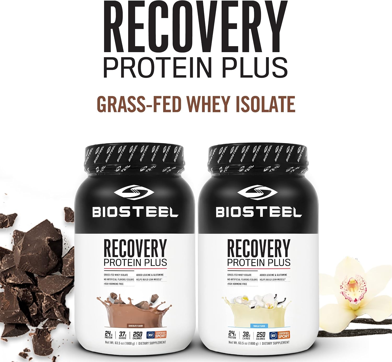 Grass-Fed Chocolate BIOSTEEL Recovery Protein Plus Powder Supplement - Non-GMO Formula with 27 Servings