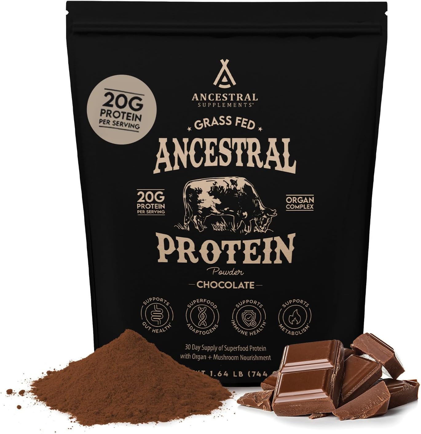 Grass Fed Chocolate Protein Powder with Beef Bone Broth, Beef Organs, and Organic Mushrooms - Supports Gut Health, 20g Protein per Serving, 30-Day Supply