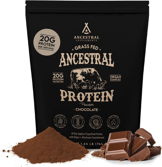 Grass Fed Chocolate Protein Powder with Beef Bone Broth, Beef Organs, and Organic Mushrooms - Supports Gut Health, 20g Protein per Serving, 30-Day Supply