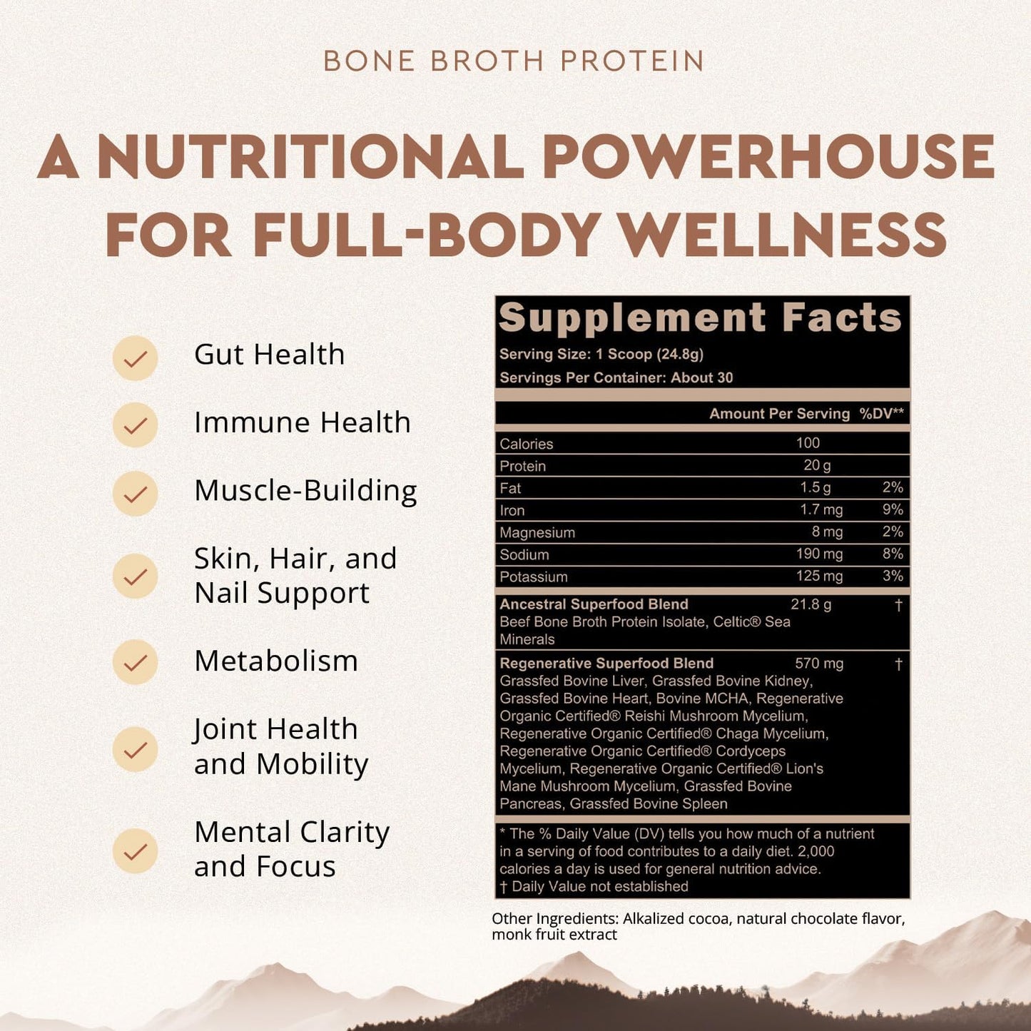 Grass Fed Chocolate Protein Powder with Beef Bone Broth, Beef Organs, and Organic Mushrooms - Supports Gut Health, 20g Protein per Serving, 30-Day Supply