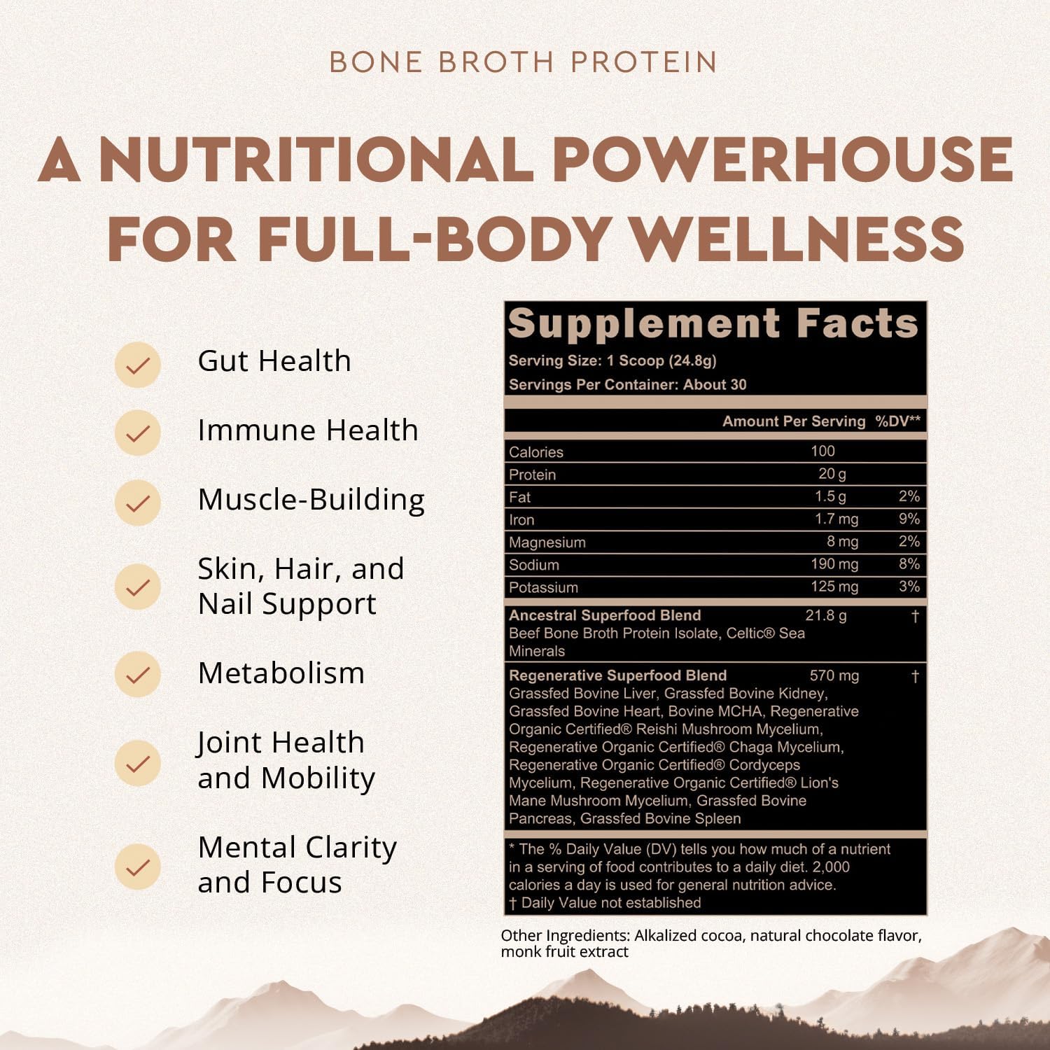 Grass Fed Chocolate Protein Powder with Beef Bone Broth, Beef Organs, and Organic Mushrooms - Supports Gut Health, 20g Protein per Serving, 30-Day Supply