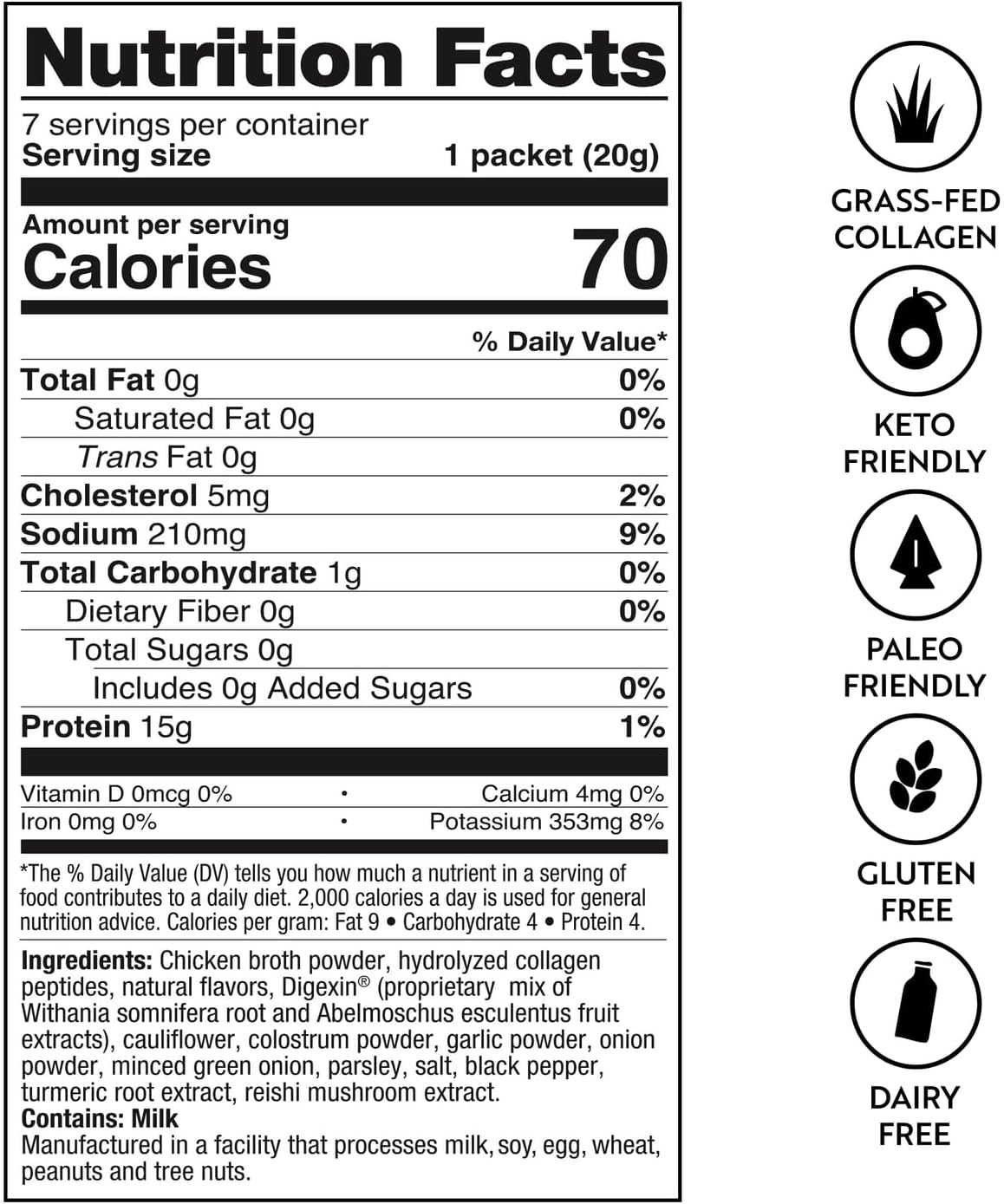 Grass-Fed Collagen Bone Broth Powder Packets for Digestive Support (7 Servings, 16g Protein) - Keto & Paleo Friendly