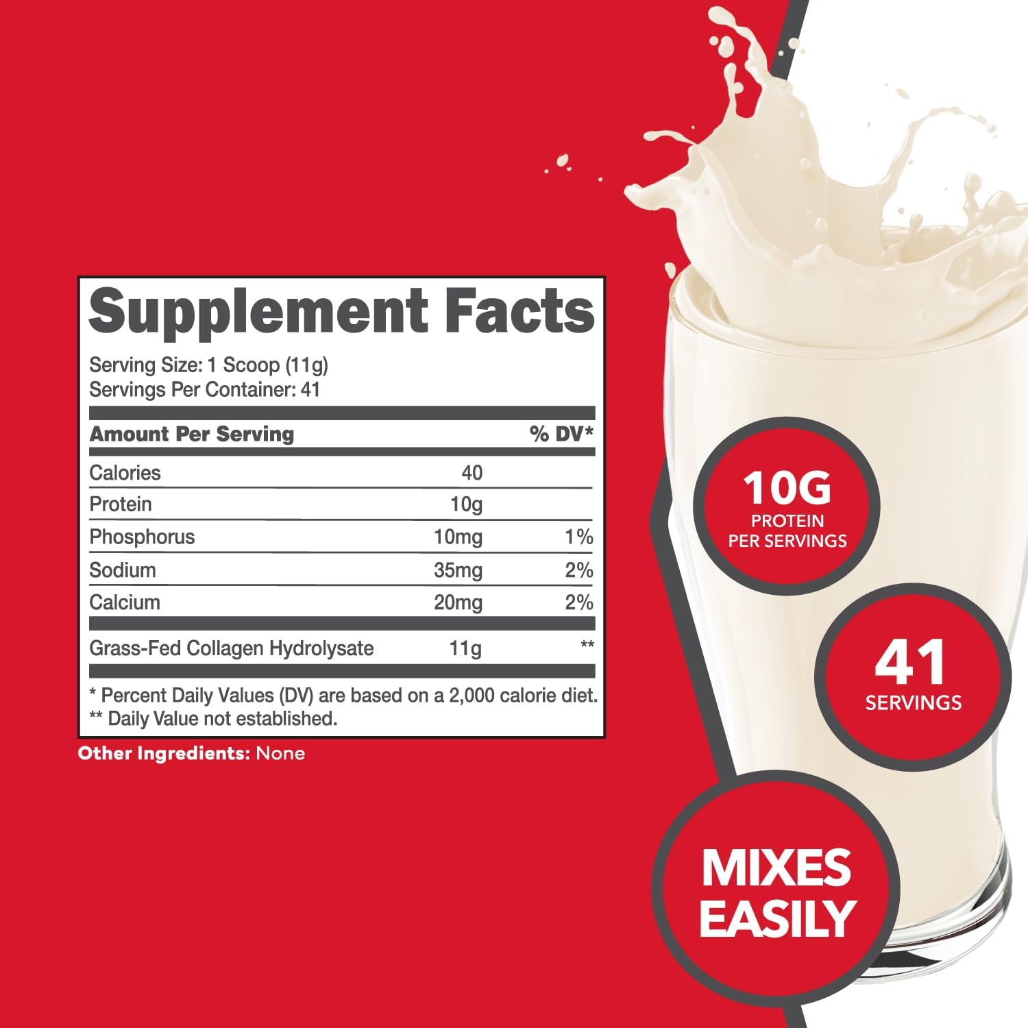 Grass-Fed Collagen Hydrolysate Powder - Unflavored, 41 Servings, 11g Collagen & 10g Protein Per Serving