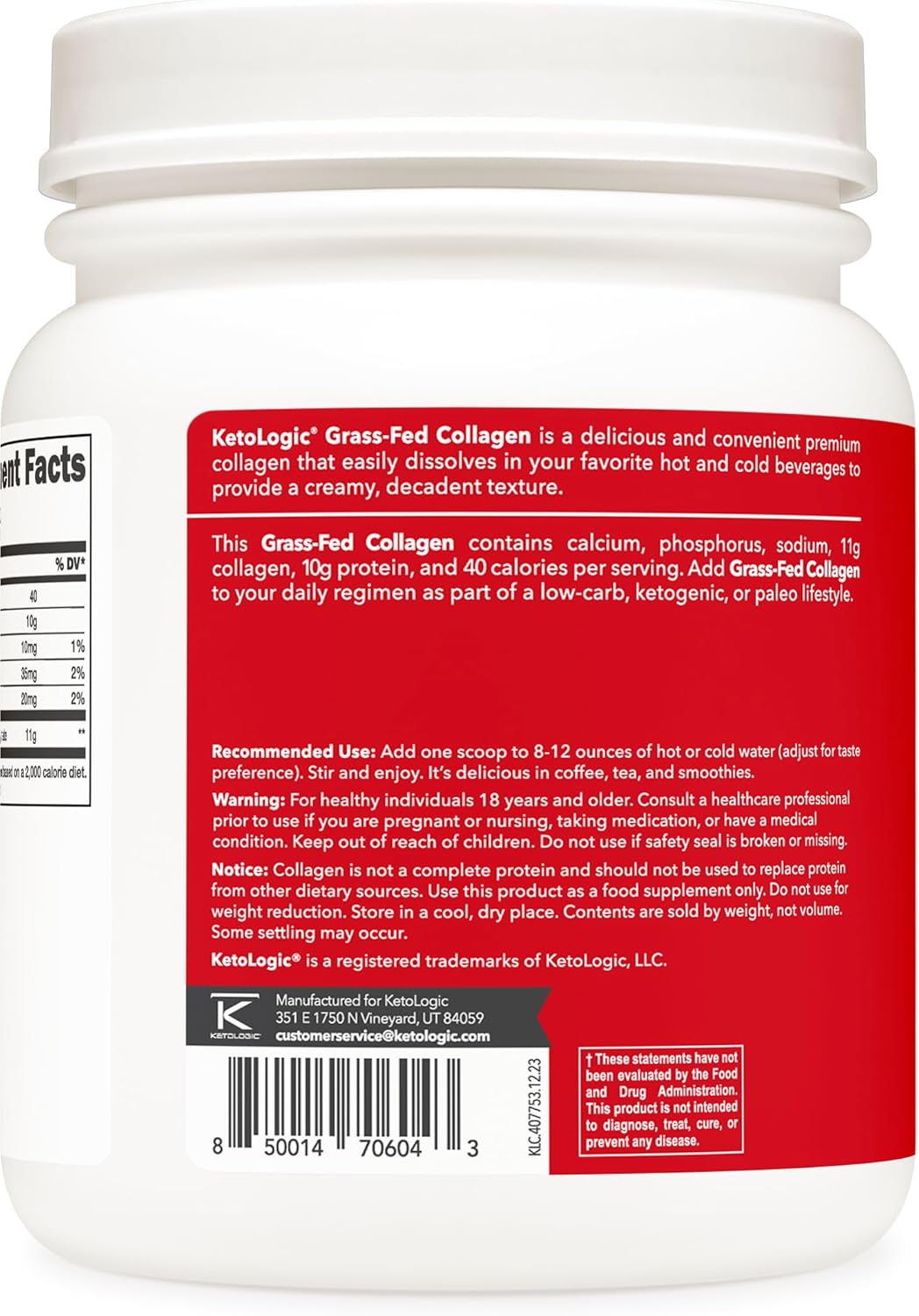 Grass-Fed Collagen Hydrolysate Powder - Unflavored, 41 Servings, 11g Collagen & 10g Protein Per Serving