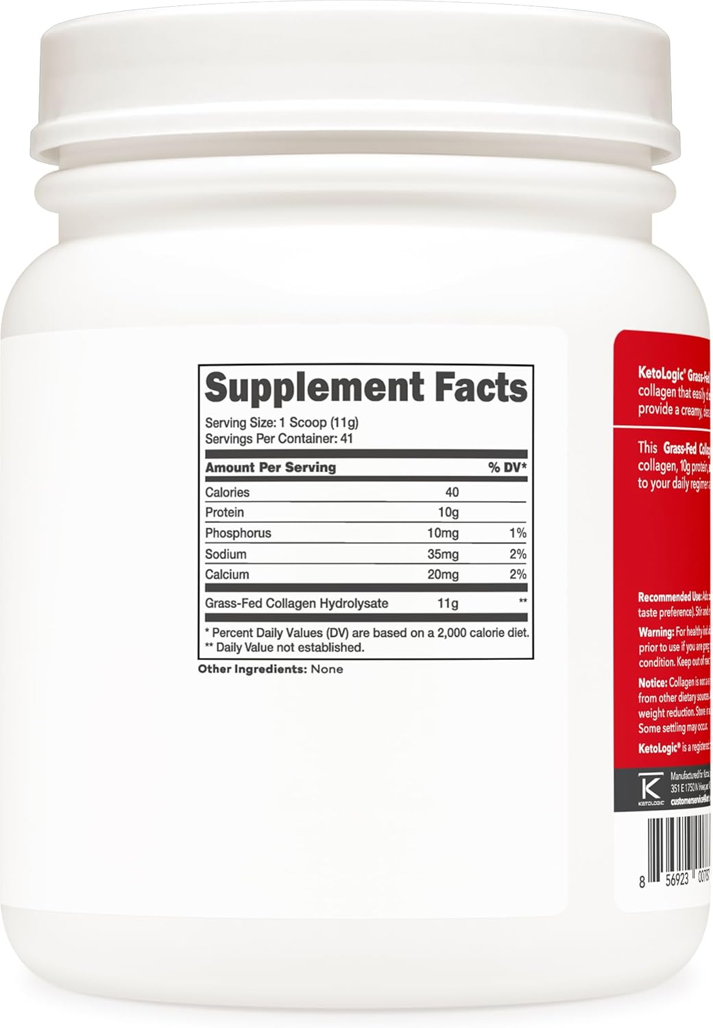 Grass-Fed Collagen Hydrolysate Powder - Unflavored, 41 Servings, 11g Collagen & 10g Protein Per Serving