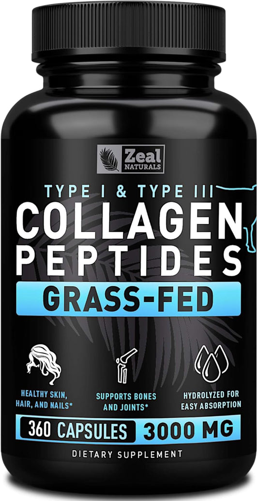 Grass-Fed Collagen Peptides Capsules (360 Count) for Hair, Skin, Nails, and Joints - Hydrolyzed Peptide Powder Supplement by Zeal Naturals