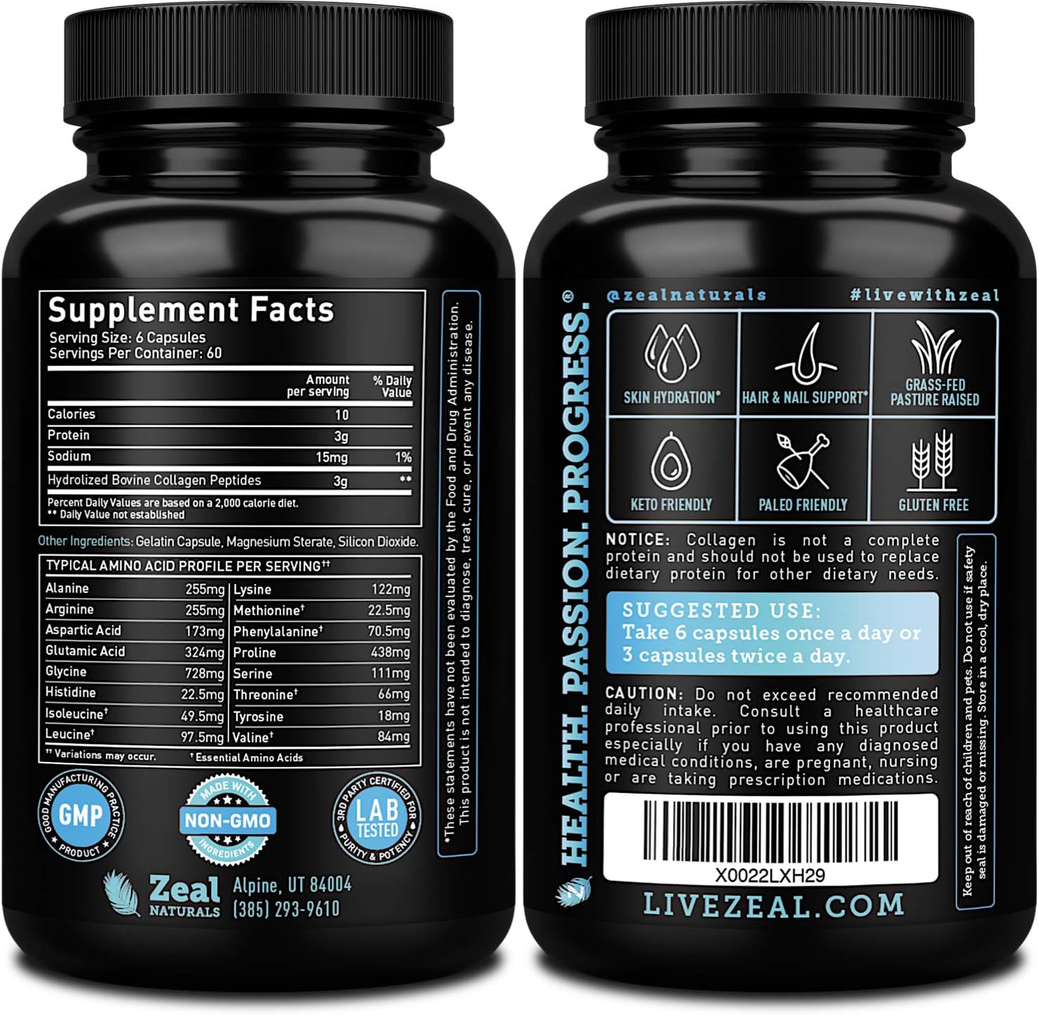 Grass-Fed Collagen Peptides Capsules (360 Count) for Hair, Skin, Nails, and Joints - Hydrolyzed Peptide Powder Supplement by Zeal Naturals