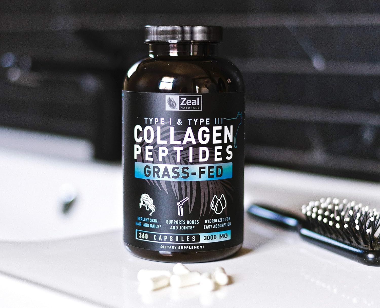 Grass-Fed Collagen Peptides Capsules (360 Count) for Hair, Skin, Nails, and Joints - Hydrolyzed Peptide Powder Supplement by Zeal Naturals