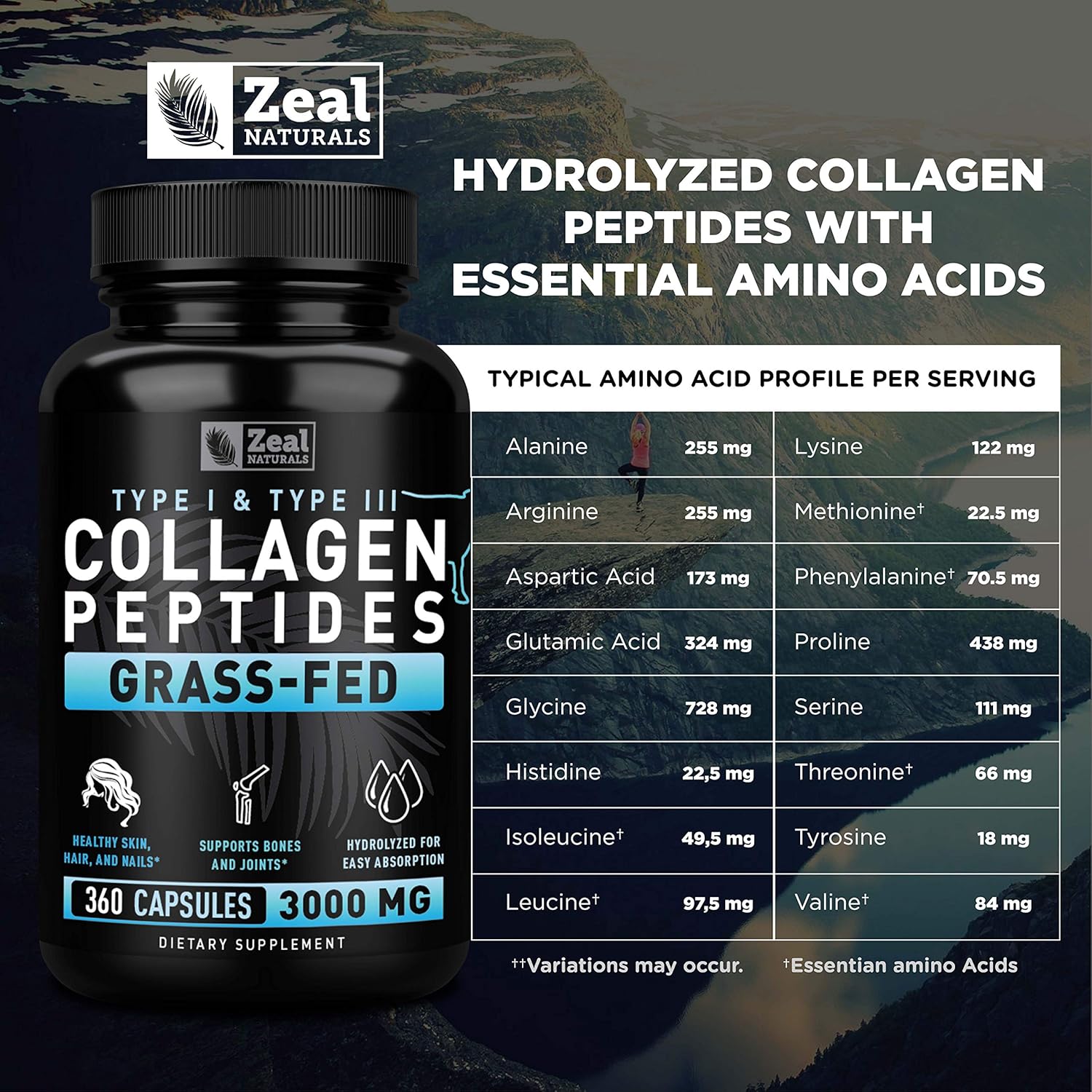 Grass-Fed Collagen Peptides Capsules (360 Count) for Hair, Skin, Nails, and Joints - Hydrolyzed Peptide Powder Supplement by Zeal Naturals