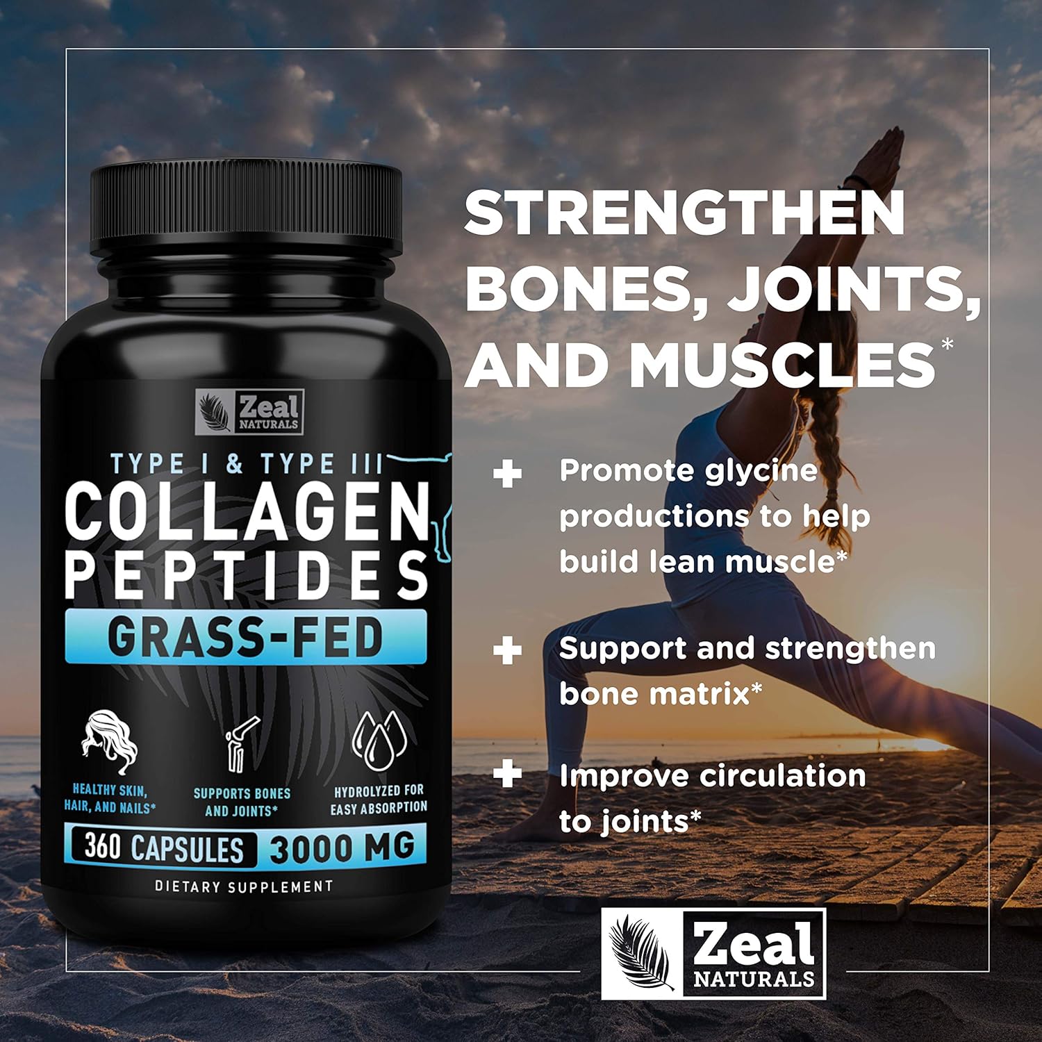 Grass-Fed Collagen Peptides Capsules (360 Count) for Hair, Skin, Nails, and Joints - Hydrolyzed Peptide Powder Supplement by Zeal Naturals