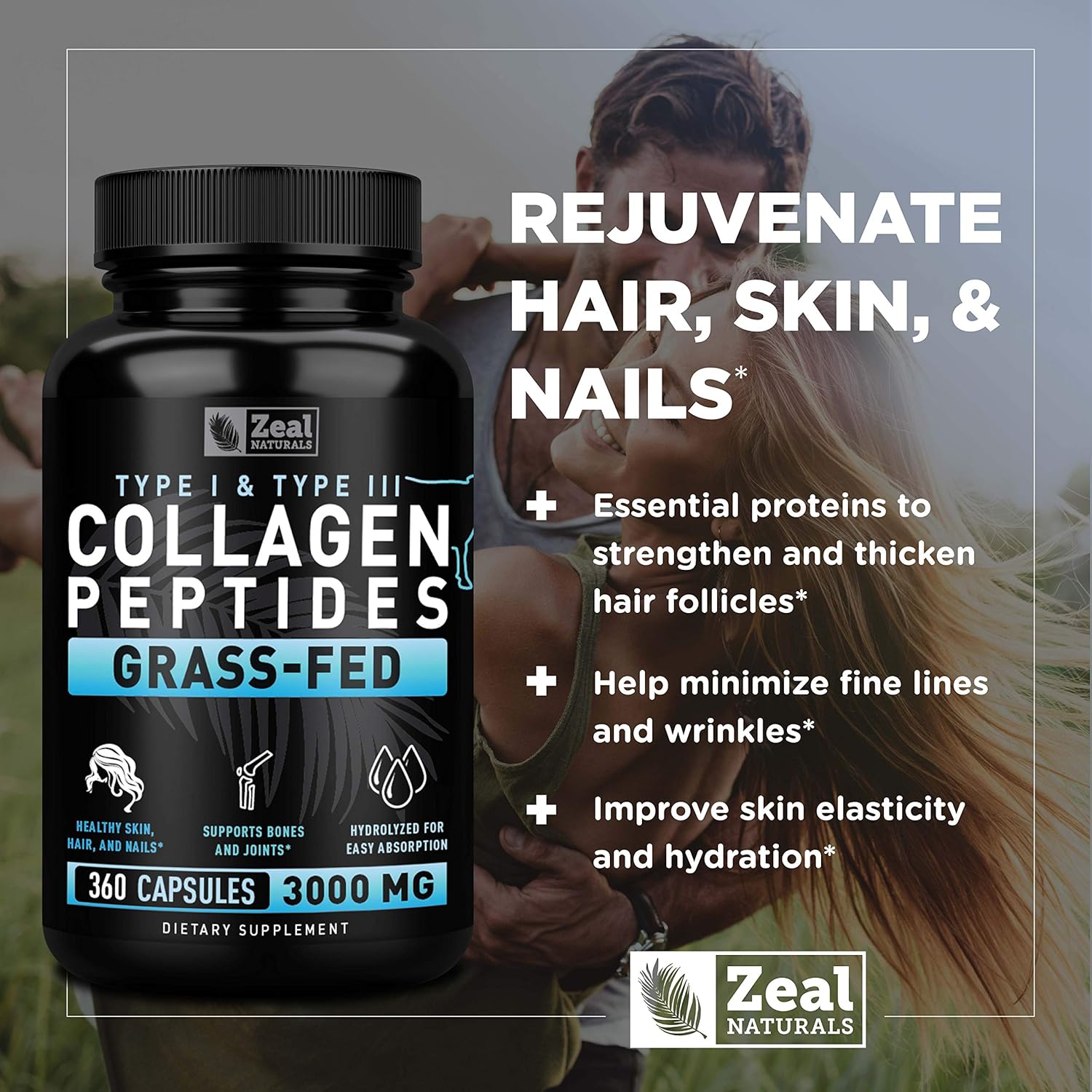 Grass-Fed Collagen Peptides Capsules (360 Count) for Hair, Skin, Nails, and Joints - Hydrolyzed Peptide Powder Supplement by Zeal Naturals