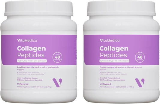 Grass-Fed Collagen Peptides Powder for Hair, Skin, Nails, Bones & Joints - Type I & III Hydrolyzed Protein for Men & Women - Sugar-Free - 2 Pack