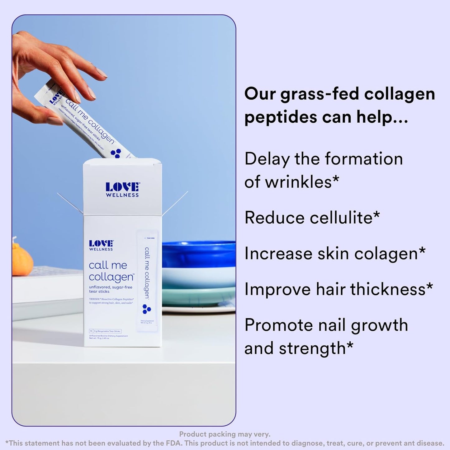 Grass-Fed Collagen Peptides Powder for Hair, Skin & Nails | Easy-to-Dissolve Supplement with VERISOL | Unflavored Tear Sticks for Convenience