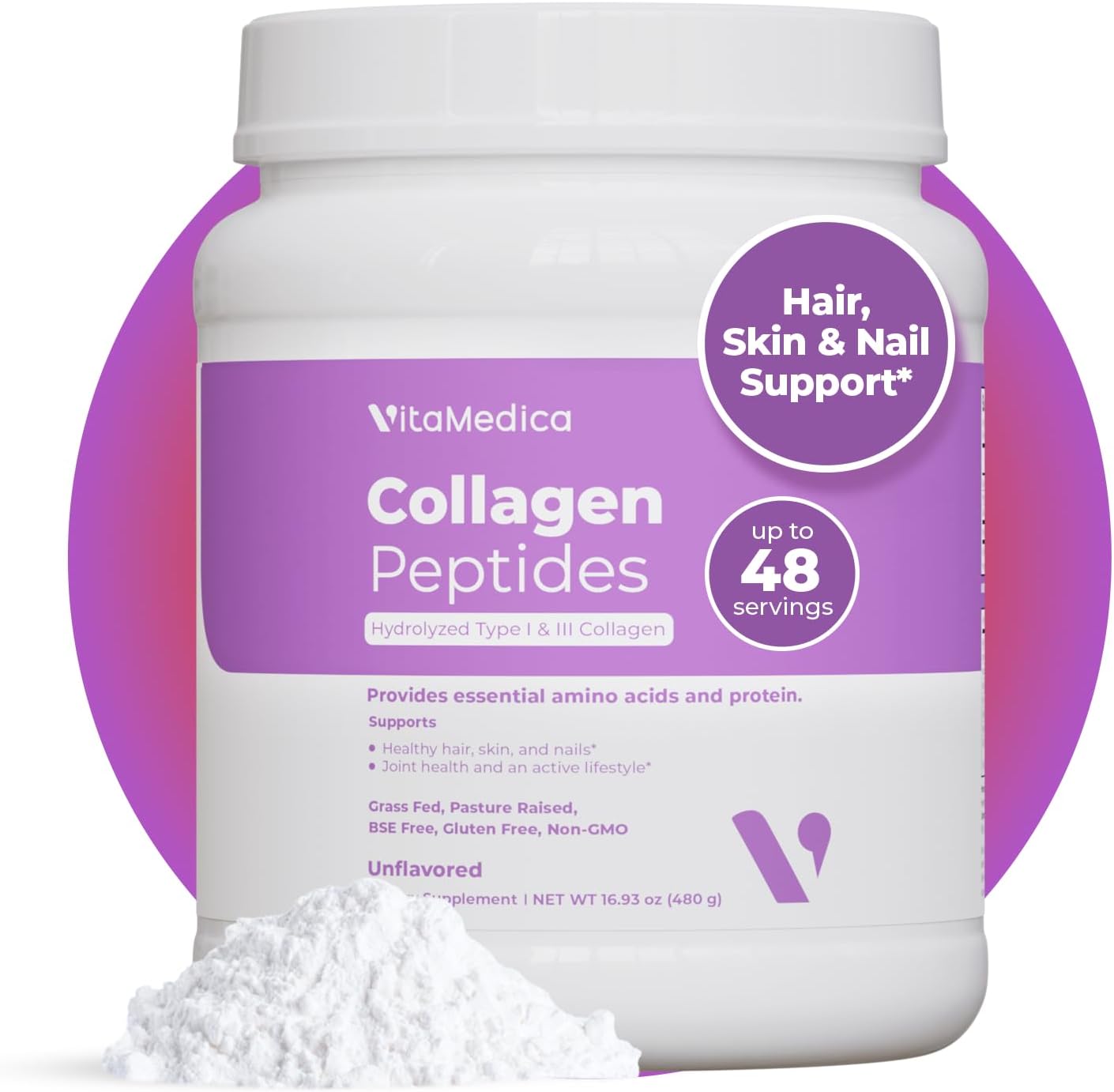 Grass-Fed Collagen Peptides Powder for Healthy Hair, Skin, Nails, Bones & Joints - Hydrolyzed Types I & III - Zero Sugar - 48 Servings