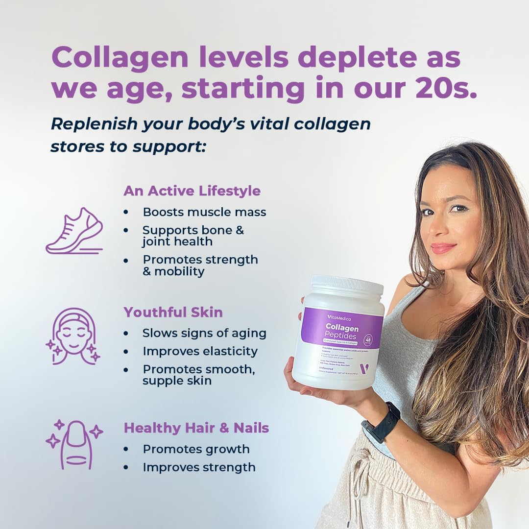 Grass-Fed Collagen Peptides Powder for Healthy Hair, Skin, Nails, Bones & Joints - Hydrolyzed Types I & III - Zero Sugar - 48 Servings