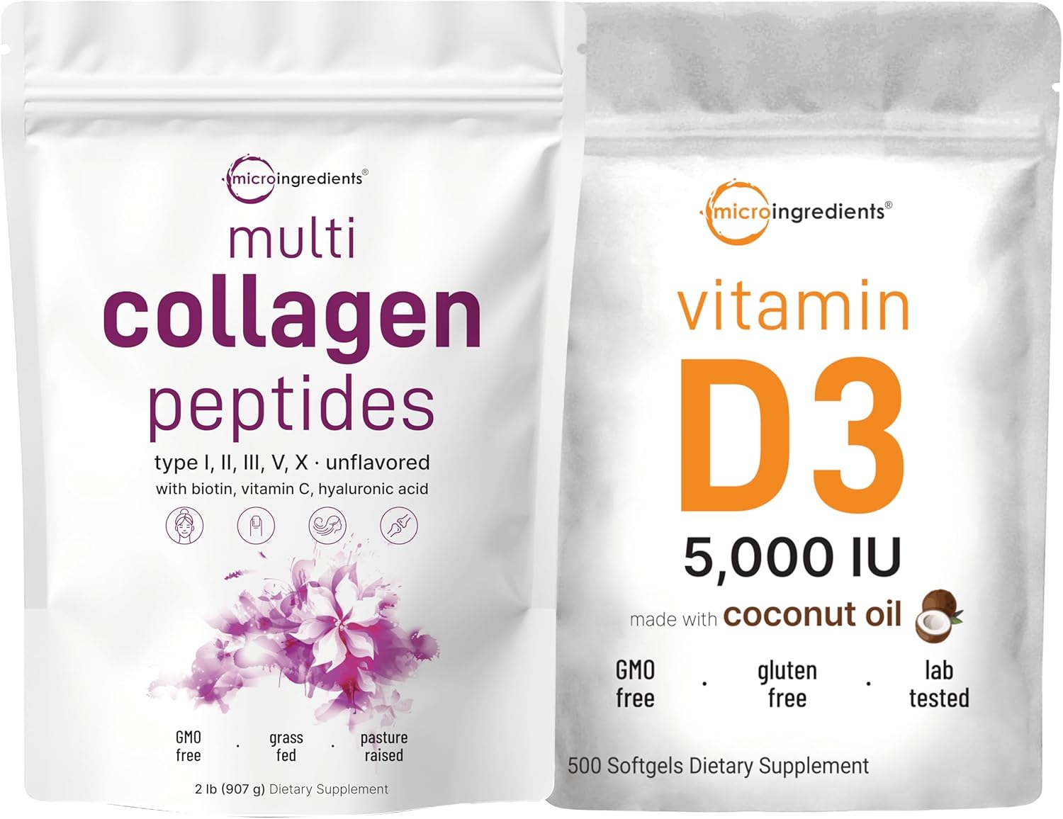 Grass-Fed Collagen Peptides Powder & Vitamin D3 Bundle Pack - 2lbs Protein + 5,000 IU Cholecalciferol for Bone Health & Skin Support