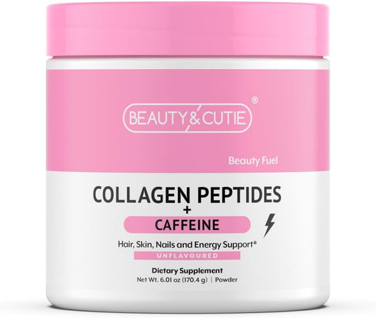 Grass Fed Collagen Peptides Powder with 200mg Caffeine for Hair, Skin, Nails, Energy - Gluten Free, Unflavored - 6.01oz