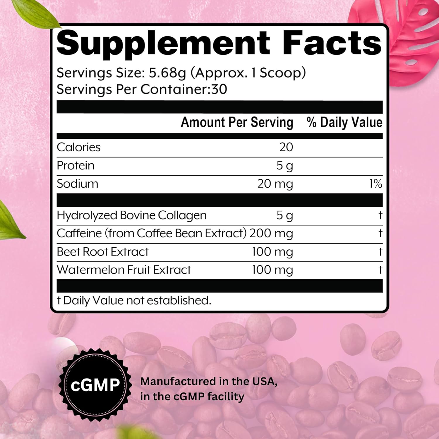 Grass Fed Collagen Peptides Powder with 200mg Caffeine for Hair, Skin, Nails, Energy - Gluten Free, Unflavored - 6.01oz