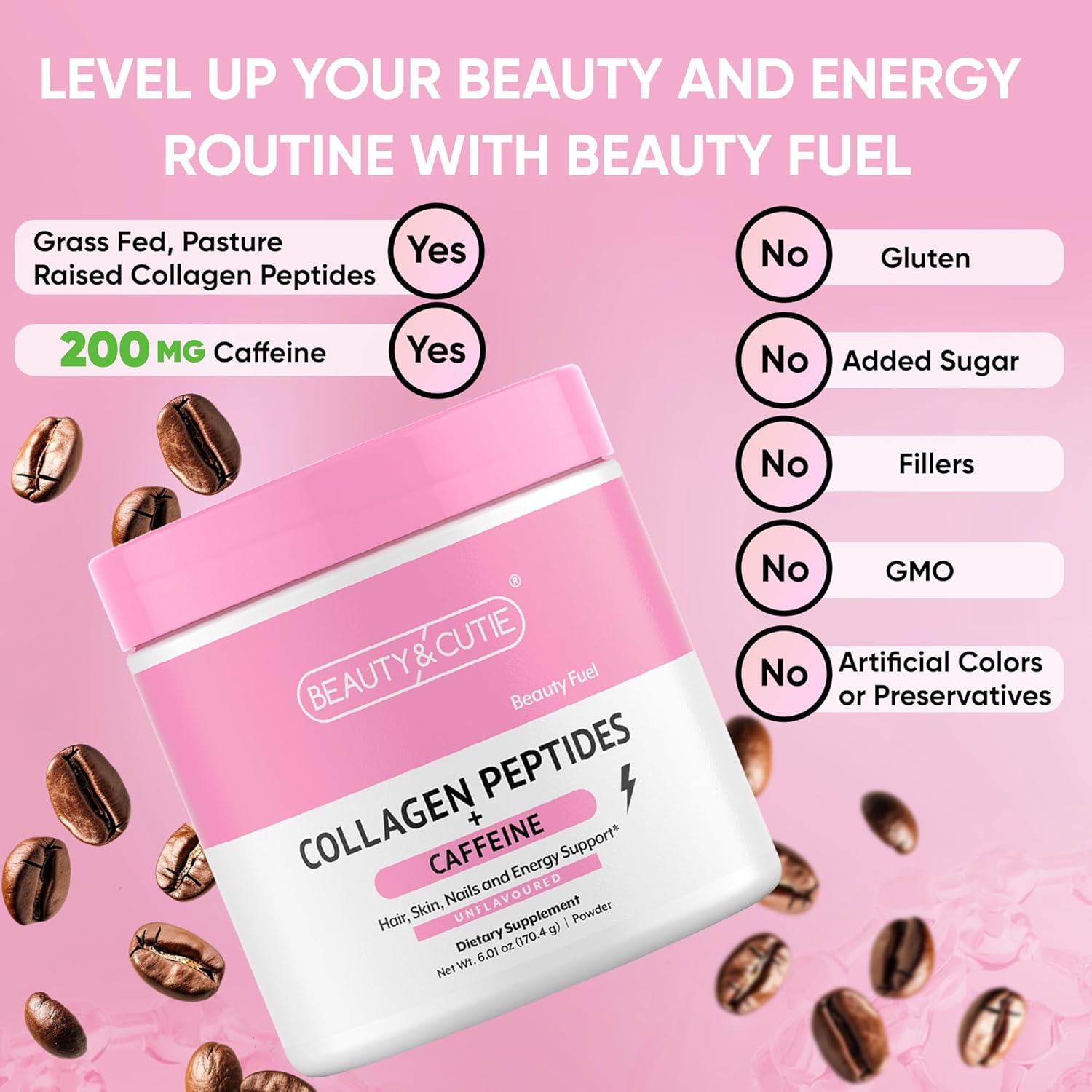 Grass Fed Collagen Peptides Powder with 200mg Caffeine for Hair, Skin, Nails, Energy - Gluten Free, Unflavored - 6.01oz