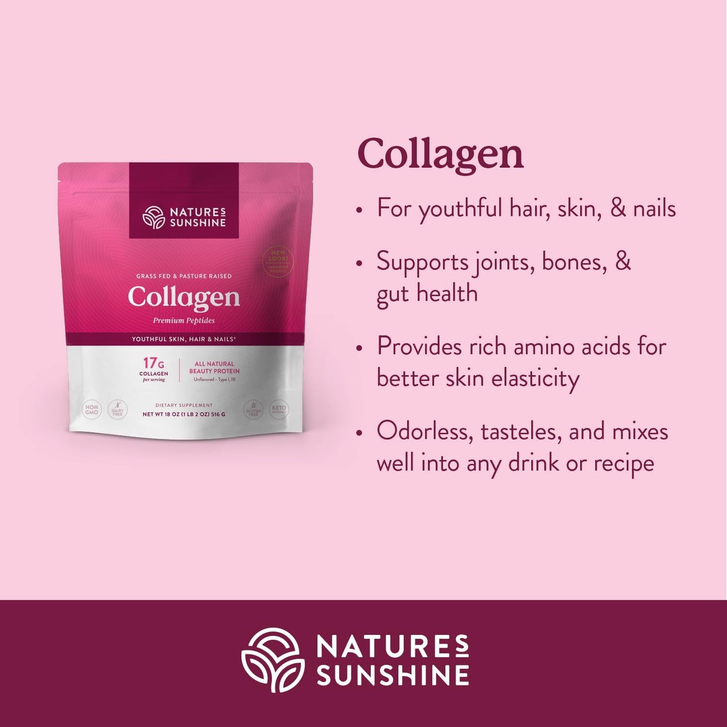 Grass Fed Collagen Powder Type I & III from Pasture Raised Bovine - 18 Oz