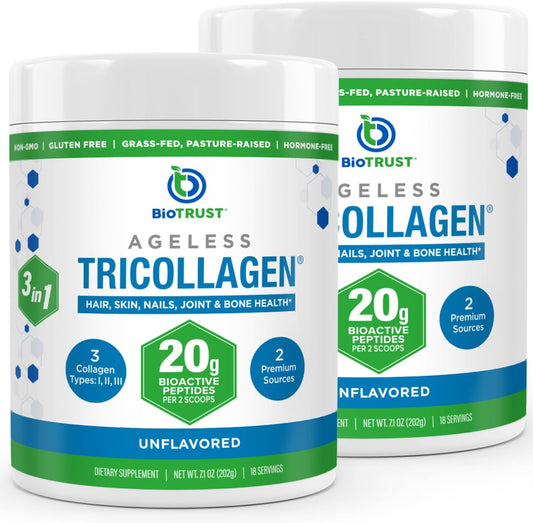 Grass Fed Collagen Protein Powder - 3-in-1 Hydrolyzed Collagen Peptides (Types I, II, & III) - Anti Aging, Skin, Hair, Bone & Joint Support - Unflavored, 2-Pack