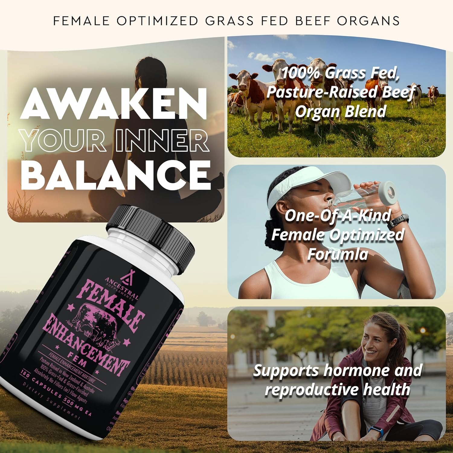 Grass Fed FEM Liver Supplement for Women with Collagen, CoQ10, Vitamin B12 - 180 Count