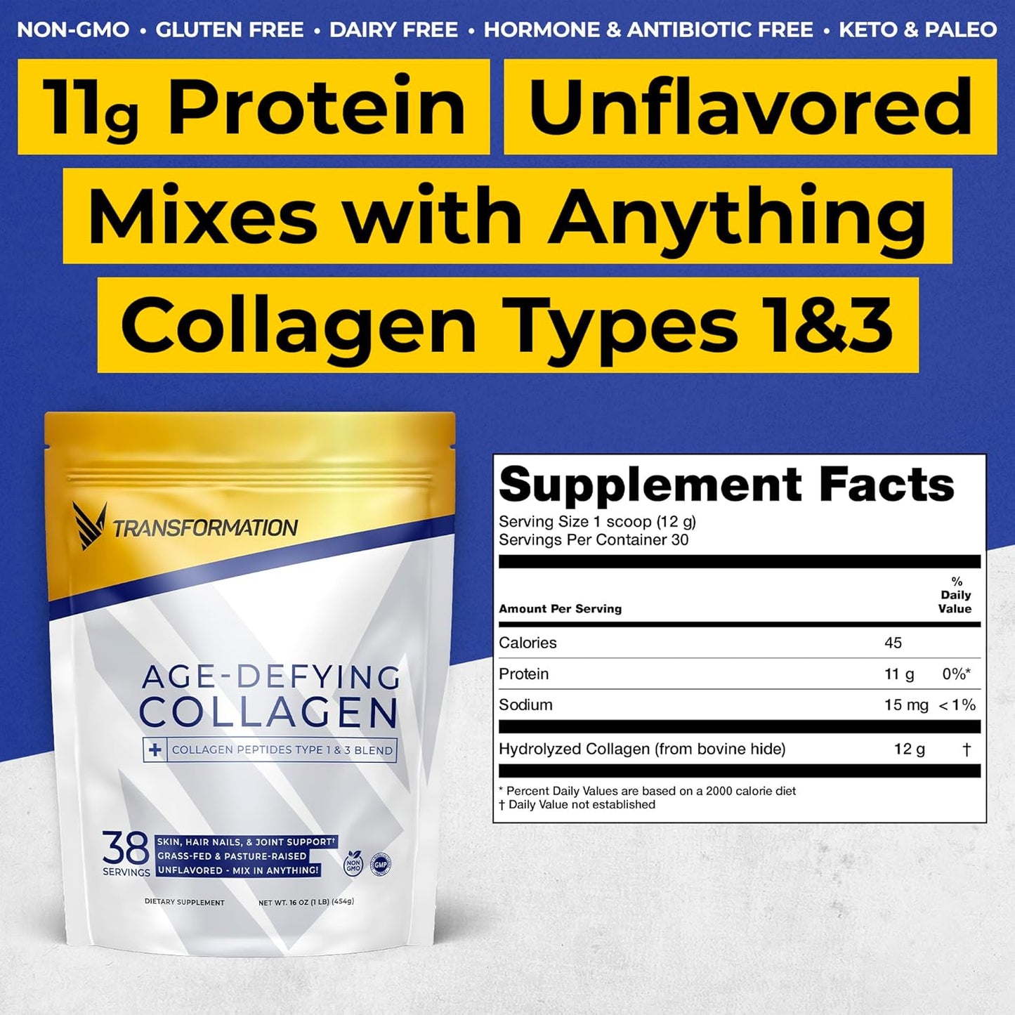 Grass-Fed Hydrolyzed Collagen Peptides Powder for Hair, Skin, Nails | Multi Types 1 & 3 | Pure Bovine | Keto Friendly | 16oz Unflavored Supplement